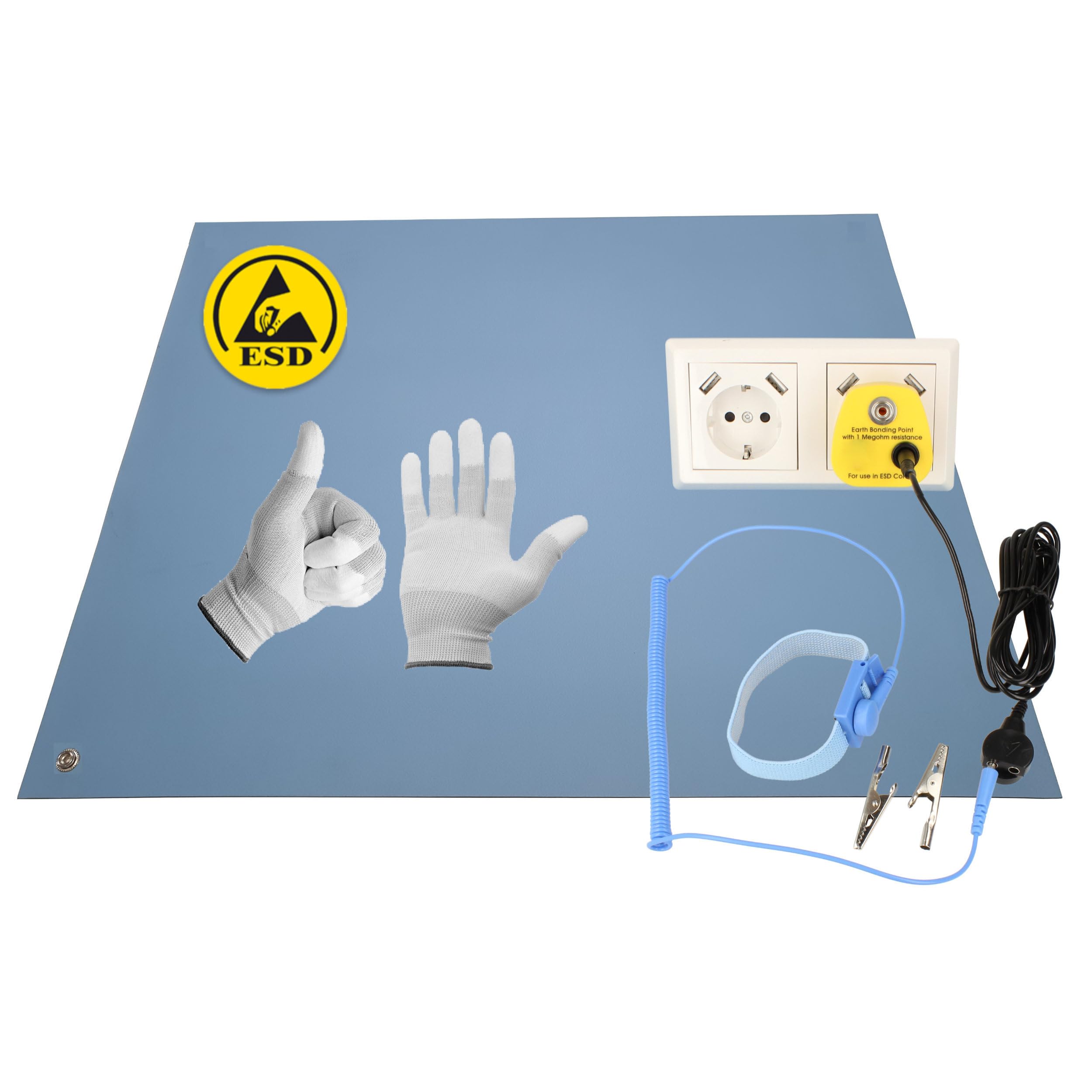 Tapis de table ESD antistatique de qualité supérieure - 40 x 30 cm - Bleu - Avec brassard + rallonge de 2,4 m + prise de terre ESD + gant