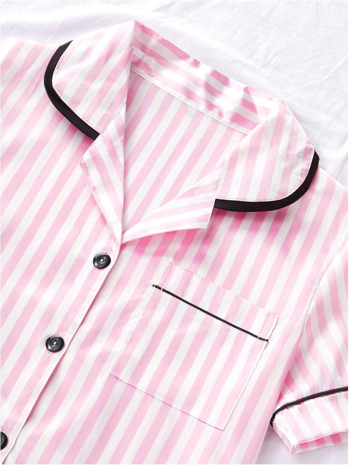 Verdusa Women's 3 Piece Striped Satin Pajama Sets Button Pj Set Short Sleeve Top and Shorts with Pants - Image 3