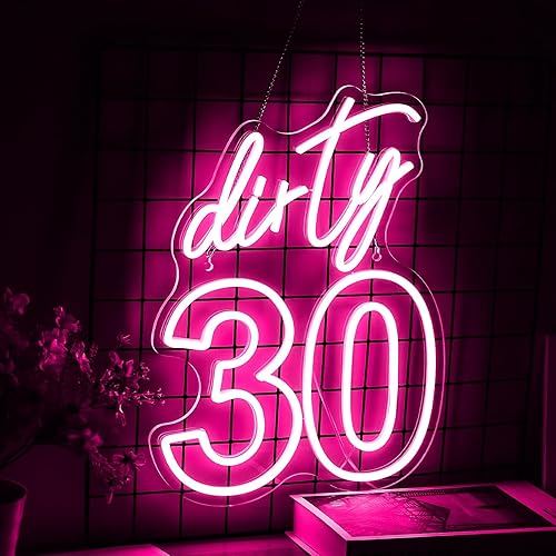 Dirty Thirty - Letrero de neón de 30 cumpleaños con palabras de neón para decoración de pared, con interruptor regulable, letreros de neón LED rosa