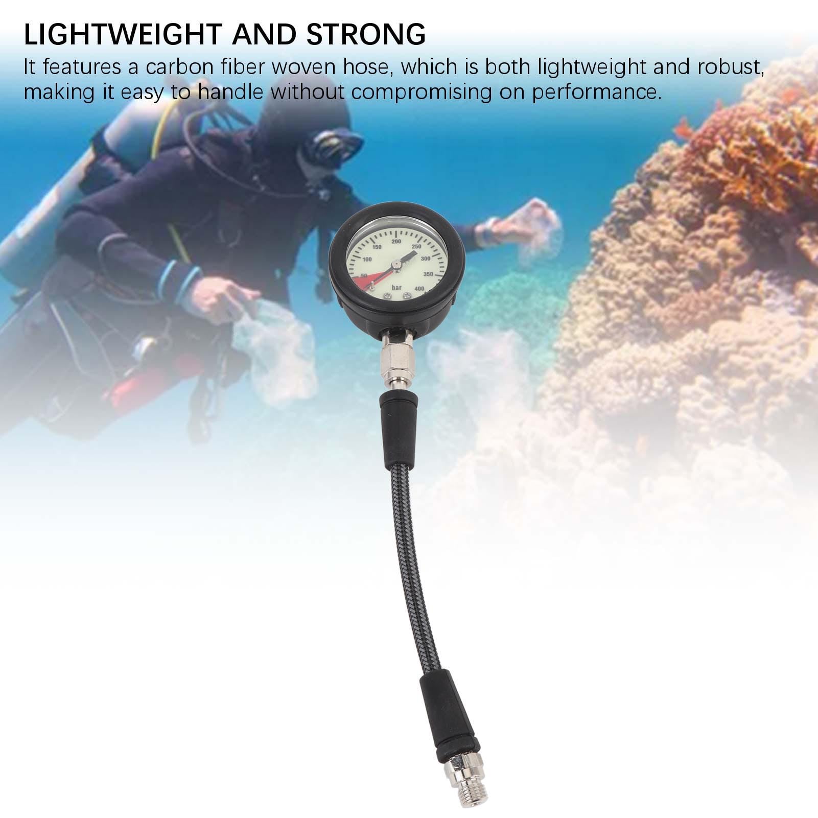 Manomètre de Plongée Submersible Tuyau Tissé Fibre de Carbone Cadran Lumineux Nocturne pour Régulateur BCD 15CM