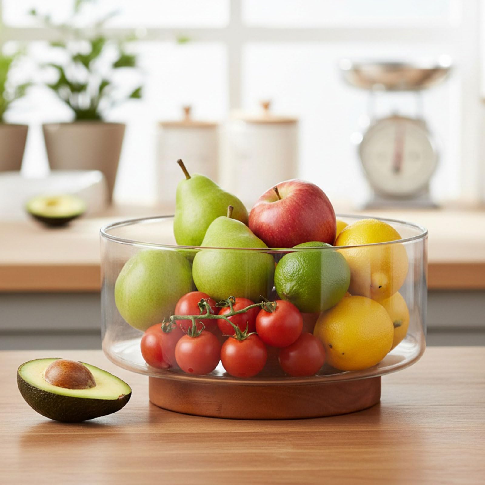 4200ML Ensemble de Saladiers en Verre avec Base en Bois D'acacia, Élégant Bols de Fête Grande Capacité avec Ustensiles de Service à Salade Plat de Service Polyvalent pour Salades Fruits Desser