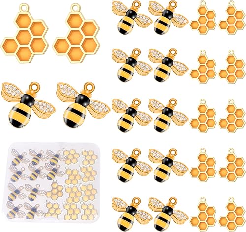 BENBO Juego de 20 dijes de abeja esmaltados de aleación, colgantes de panal de abeja con diamantes de imitación, adornos con forma de abejorro con