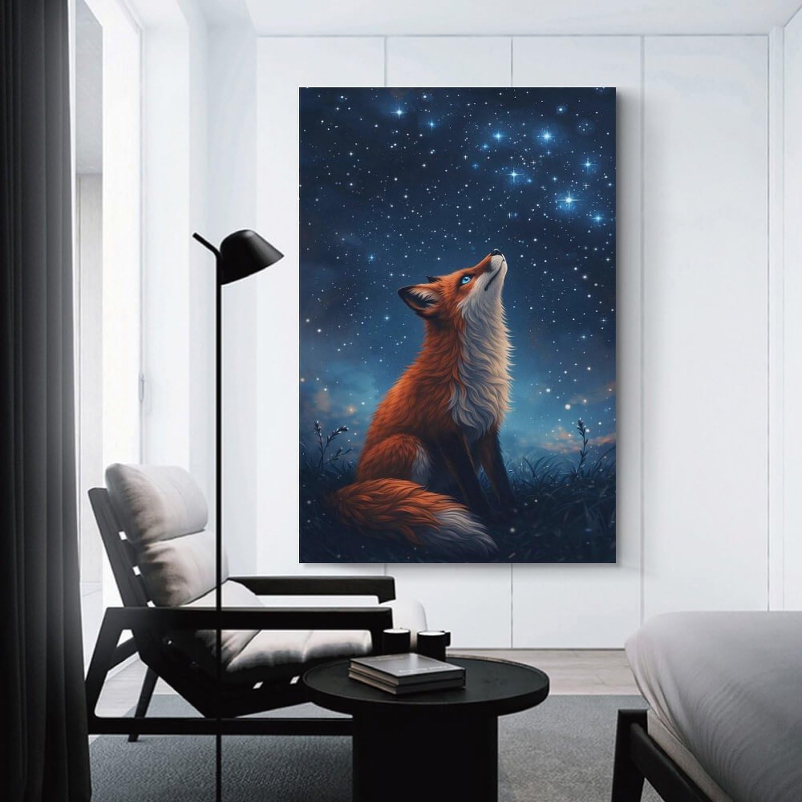 Junmoney Unframe-Style-22-1 Starry-Eyed Fox Under The Night Sky Wall Picture Print 12X18inch(30X45cm), For Apartment Walls, Studios Or Work Areas, A Simple Refresh For Blank Walls