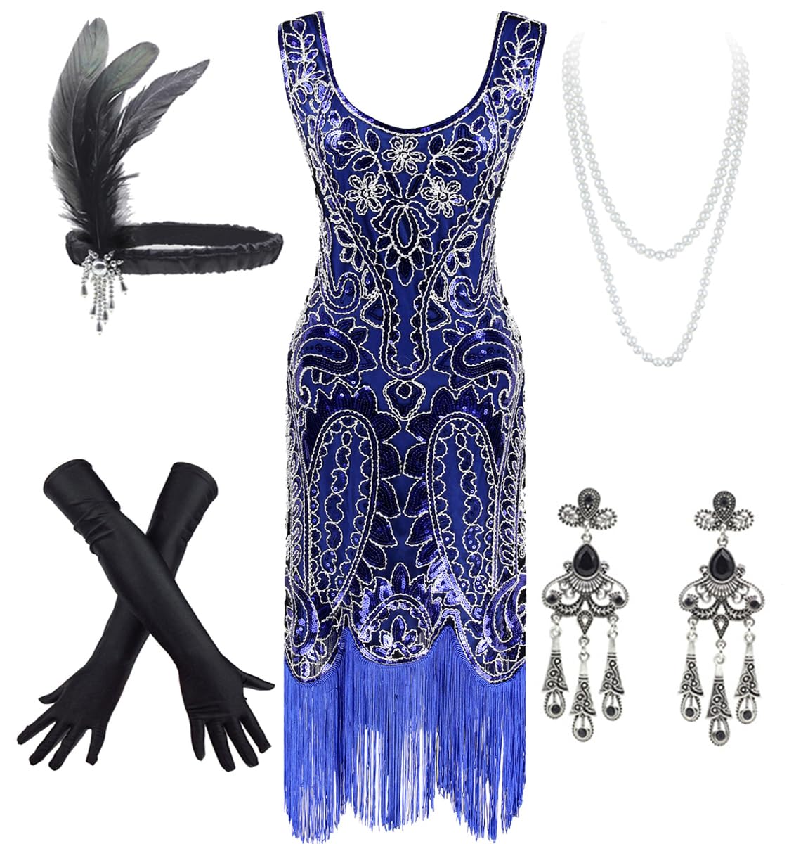 Women's Vintage 1920s Sequin Beaded Tassels Hem Flapper Dress w/Accessories Set
