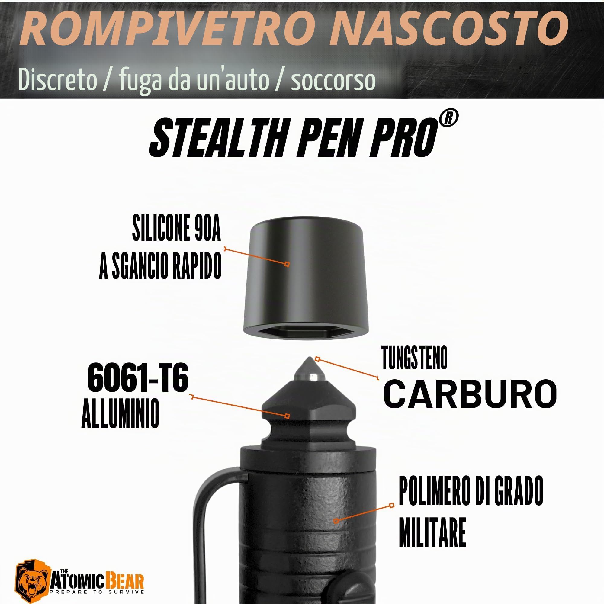 The Atomic Bear Stealth Pen Pro - Penna tattica per autodifesa, penna di sopravvivenza migliorata con interruttore per sfuggire e difendere, allenamento bonus per proteggersi, ottimo regalo per uomini