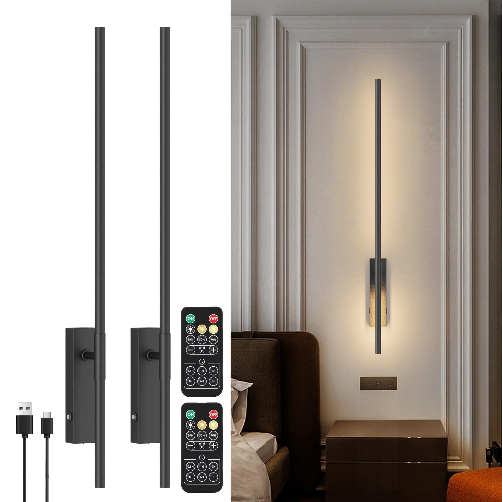 Aipsun 5000 mAh Lámpara de pared de interior con pilas regulables, 2PCS Lámpara de pared inalámbrica con mando a distancia, Lámpara de pared con batería recargable USB, 3000K-6000K,64 cm,5W,Negro