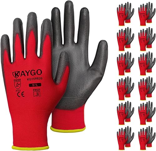 KAYGO KG11P - Guantes de seguridad con revestimiento de poliuretano, tejido sin costuras, agarre suave en palma y dedos, para trabajo general,