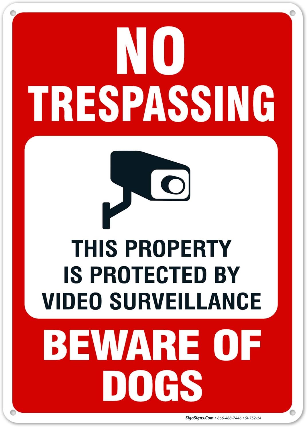 Sigo SignsBeware of Dog No Trespassing Video Surveillance 10x14 Inches, Rust Free .040 Aluminum, Fade Resistant, Made in USA