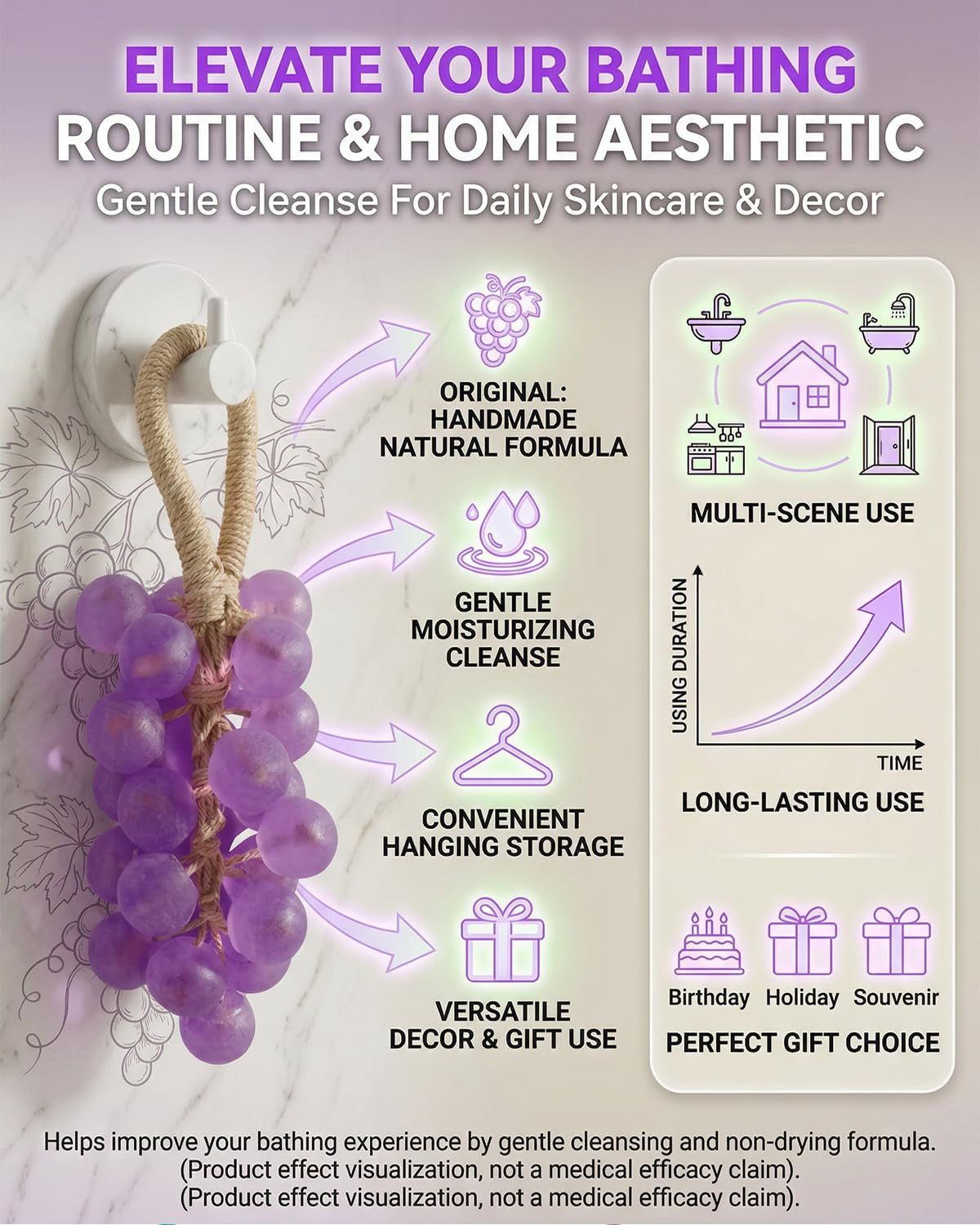Grapes Soap on a Rope, Handmade Crystal Grape Soap, Handcrafted Cluster Natural Fruit Shaped Bath Bar for Women Men, Gentle Cleansing Hand Face Wash Home Decor and Gift Choice (6pcs mixed)