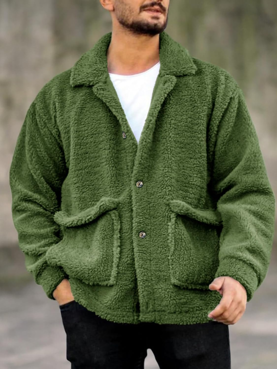 Runcati Mens Fuzzy Sherpa Jacket Fleece Long Sleeve Button Down Coat Fall Winter Warm Outwear - Image 6