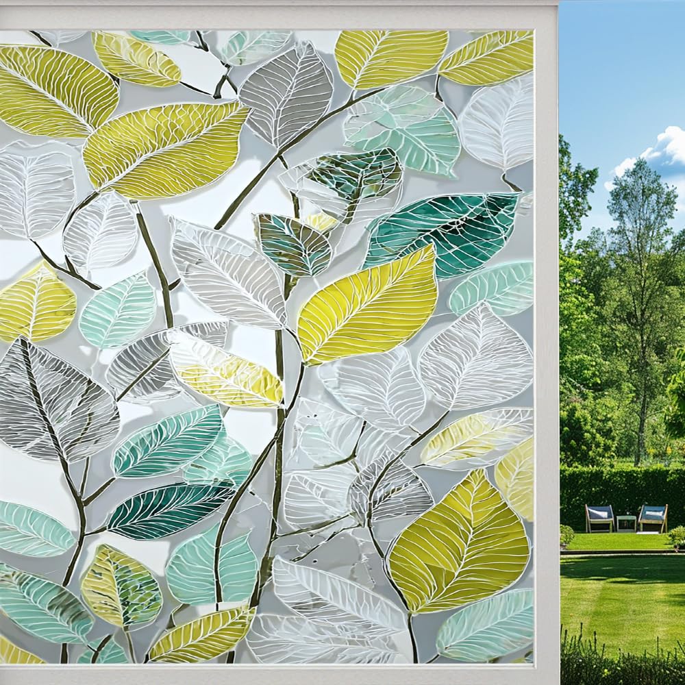 Colorful Leaves Frosted Window Film, Natural Plants Rural Stained Glass Privacy Film, Heat Insulation Self-Adhesive Vinyl for Bathroom Office, （70x100cm）