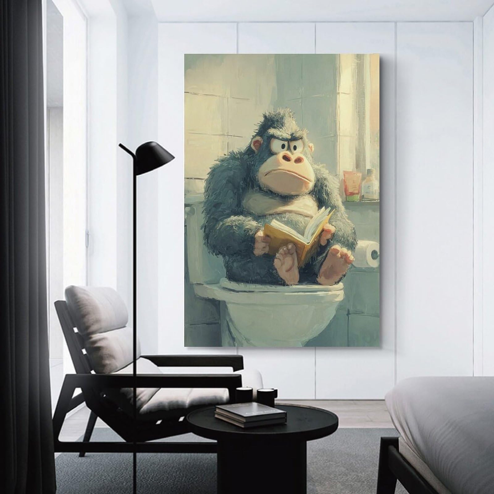 Junmoney Unframe-Style-5 Hanging Wall Art Gorilla Reading On Toilet, 24X36inch(60X90cm), For Wall Displays, Bedrooms Or Room Updates, Wall Decor Suited To Curated Displays