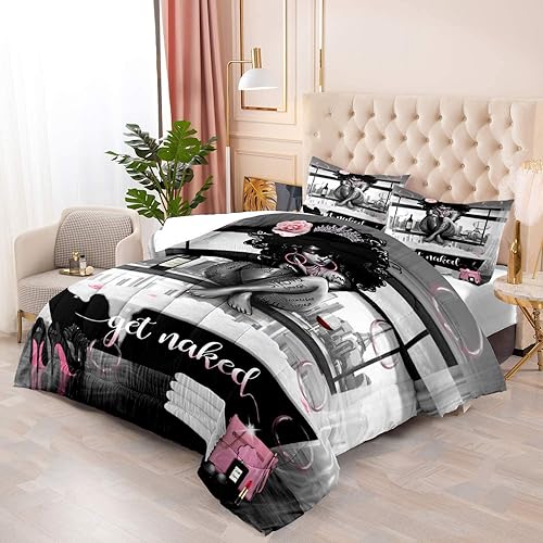 Miniatura 3 de LUVIVIHOME Juego de edredón sexy de 3 piezas, diseño de niña negra y reina mágica, bolsa rosa, tacones altos, Torre Eiffel, citas inspiradoras, ropa