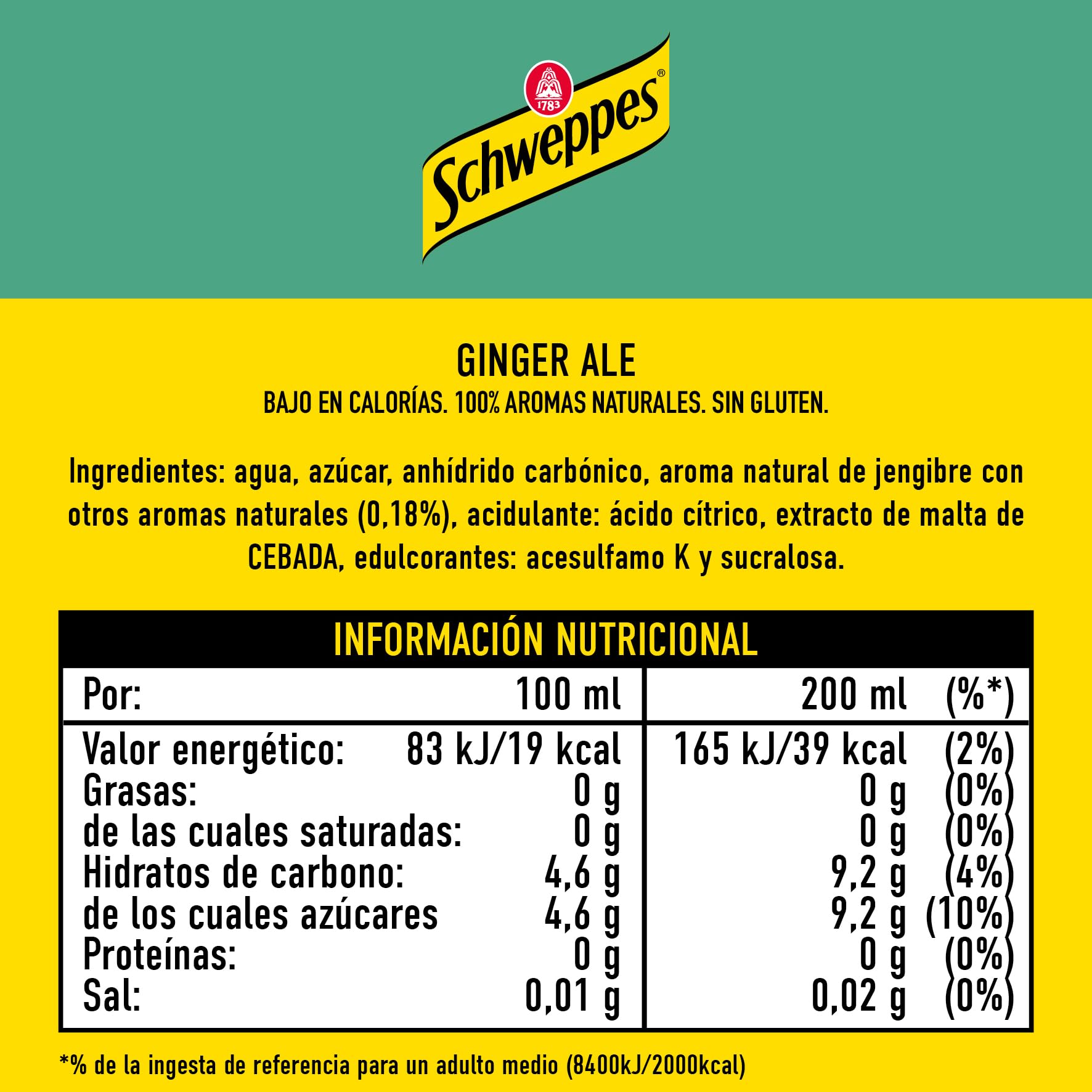 Schweppes Ginger Ale Bebida Jengibre Refrescante Pack 24 x 25 cl