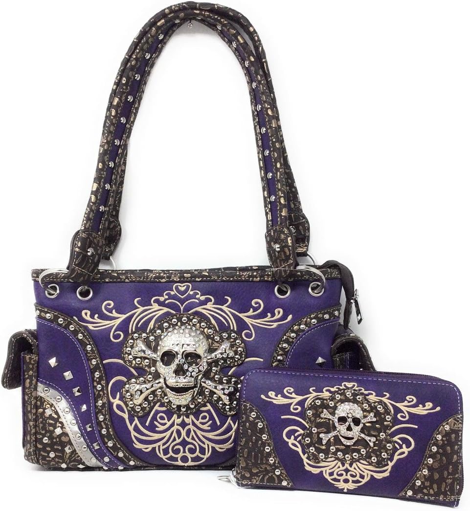 Rhinestone Skull Metal Color Leather Women's Handbag, Wallet with Texas West Coin Collection in 4 Colors (Purple) (Purple)