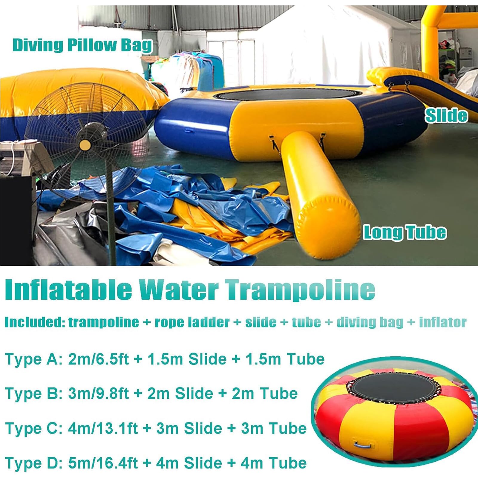 Inflatable Water Trampoline, Lake Trampoline, 10Ft/13Ft/16Ft Trampoline Floating Platform, Trampoline Jumping Platform Water Trampoline with Slide and Diving Pillow Bag