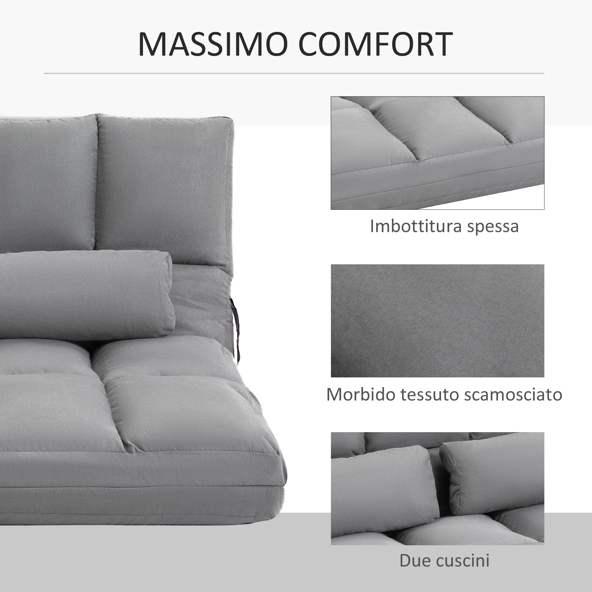 HOMCOM Divano Letto Moderno 2 in 1, Schienale Reclinabile su 7 Livelli e Cuscini, Divano per Soggiorno per TV, Giochi, Lettura, Yoga, Ufficio, 130x73x60 cm, Grigio Chiaro