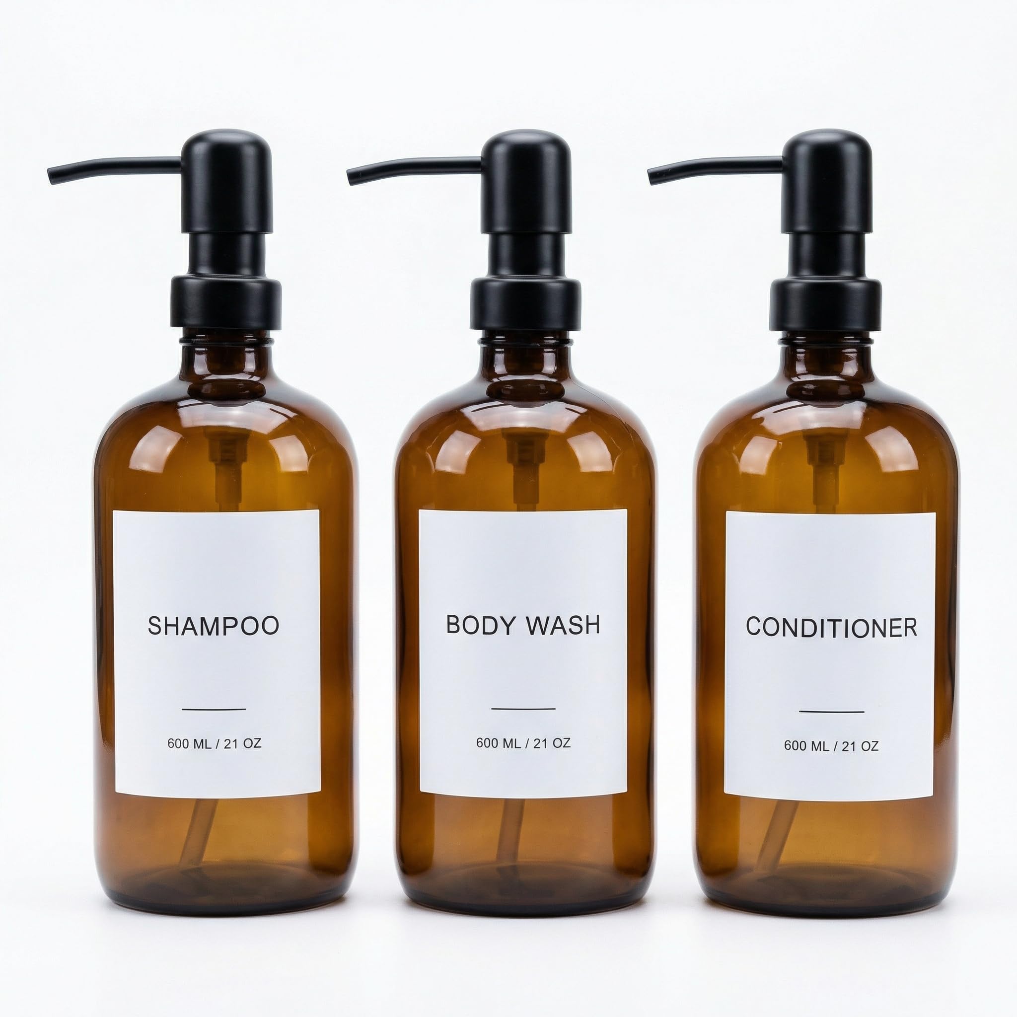 Shampoo and Conditioner Dispenser Set - 3 Pack 600ml/21oz Refillable PET Shower Bottles with Stainless Steel Pump, Funnel & Labels, Bathroom Shampoo Dispenser for Shower (Amber)