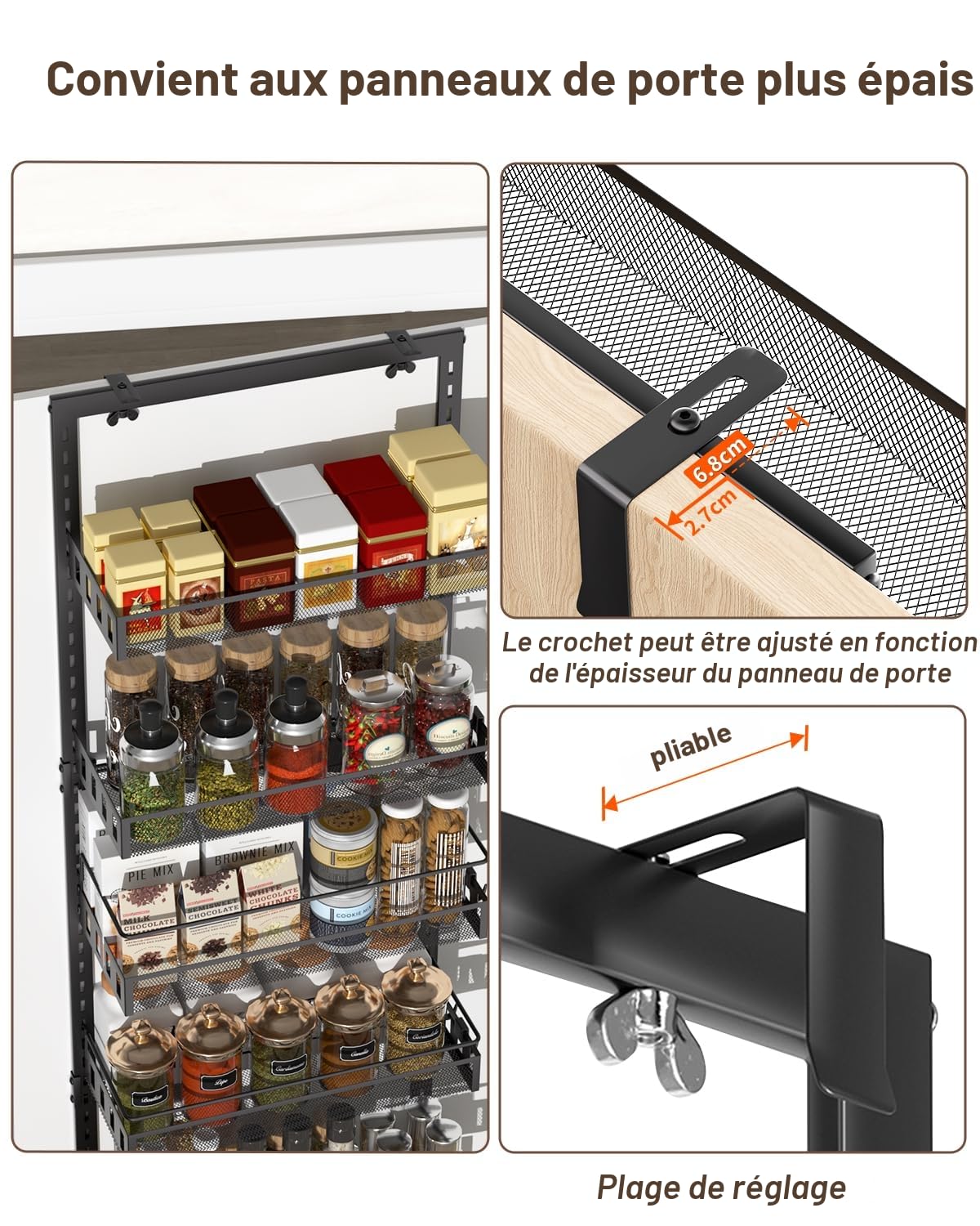 Étagère à Epices, Rangement Epices Cuisine Réglable à 6 Niveaux Au-dessus de la Porte, Garde-manger avec Crochet pour Etagère à Epices, Etagere a Epices en Métal pour Epices, 127,5*43,5 cm, Noir