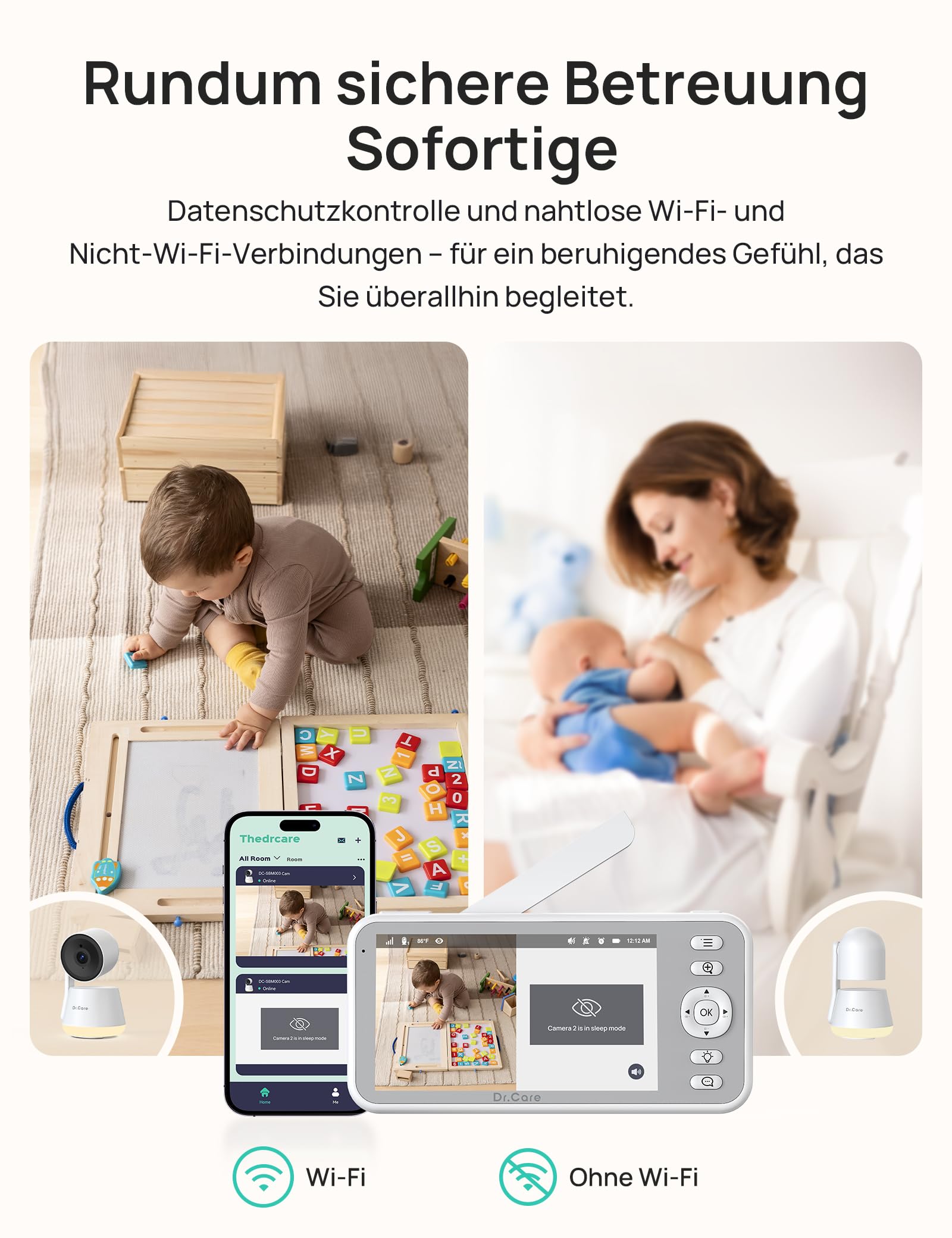 Dr.Care LumiView Babyphone Kamera mit Clip – WiFi Display 5 Zoll 2K FHD, App-Steuerung, Datenschutzmodus, 5000 mAh Akku, Geräusch-/Bewegungsmeldung, HD-Nachtsicht, RGB-Licht