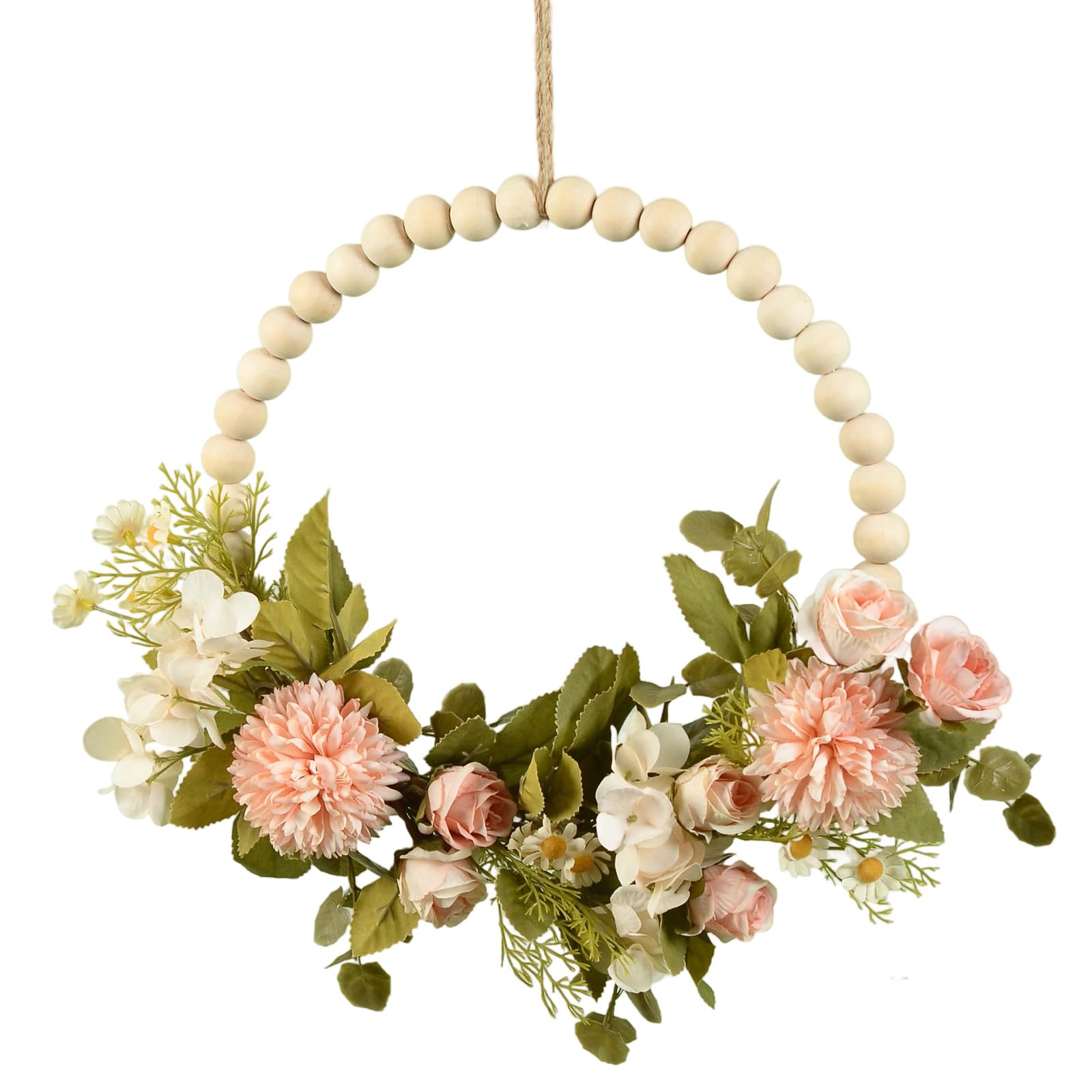 Artificial Flower Wreath Spring Wood Beads for Front Door Hallway Farmhouses Wedding Thanksgiving Festival Artificial Flower
