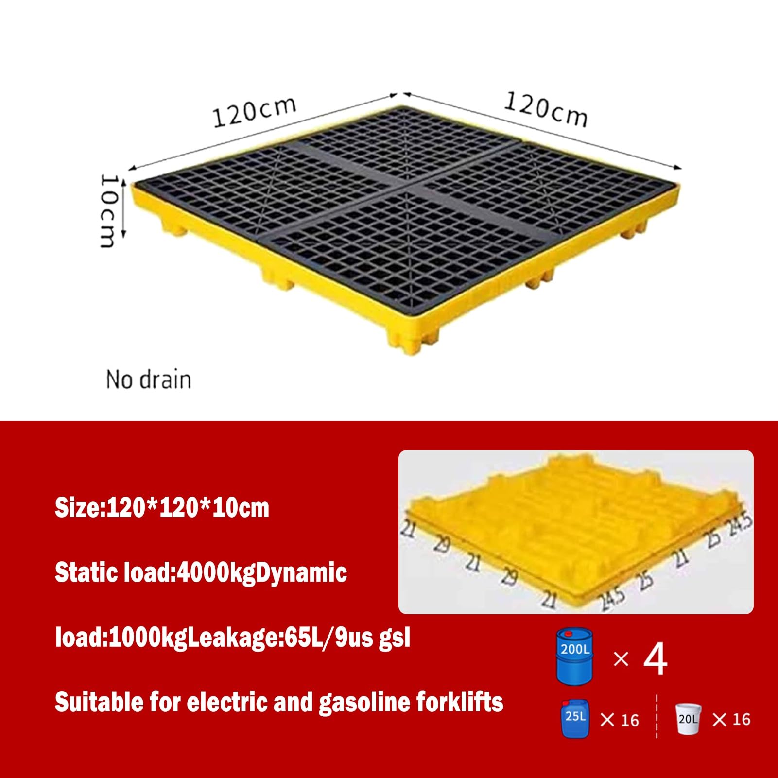 Plateforme modulaire de rétention des déversements pour 1 à 4 fûts, bac de récupération étanche pour garage, cuisine, sous-sol et stockage industriel, 120 x 60 x 10 cm, solution durable et e