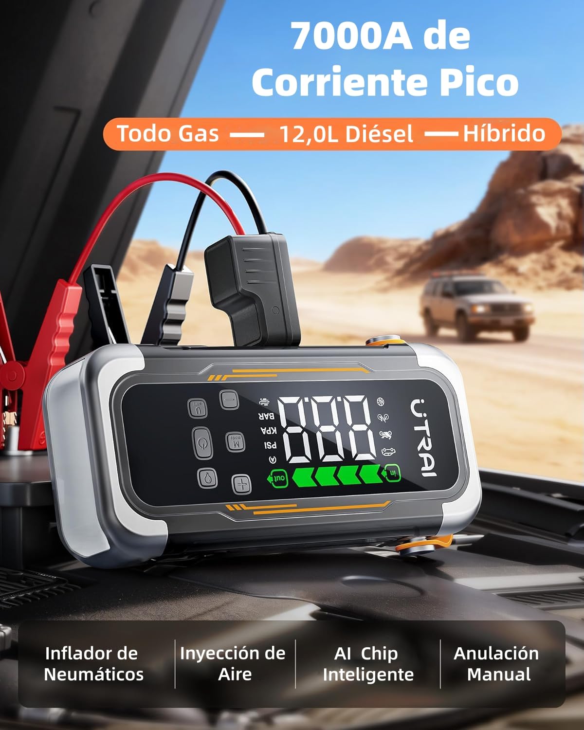7000A Arrancador de Baterías de Coche con Compresor de Aire y Soplador,UTRAI 12V Arrancador de Coche Portatil con 30W PD,Luz de Emergencia,Pantalla LCD,800-Lumen LED (Todo Gas/12,0L Diésel)