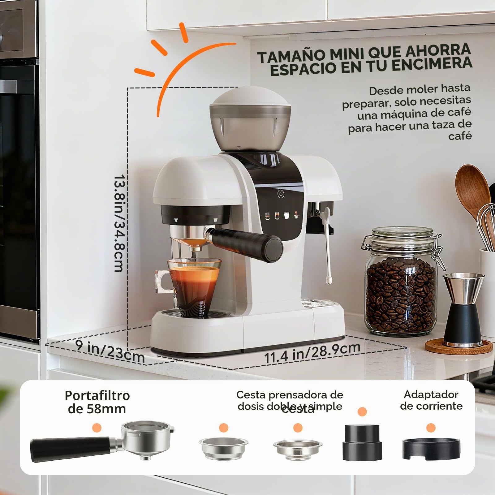 RECAFIMIL Máquina de espresso de 19 bares con molinillo de granos, cafetera 2 en 1 para café molido, capuchino y latte con espumador de leche, panel táctil, depósito de agua extraíble (blanco)