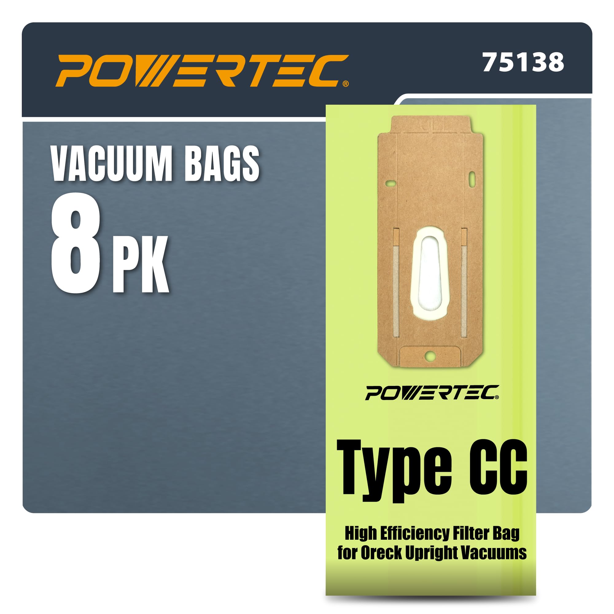 POWERTEC Type CC Vacuum Bags 8 Pack for Oreck XL XL2 XL7 XL21 U2000 Commercial XL Upright Vacuum Cleaners, Replacement Filter Bags for AK1CC6A and CCPK8DW (75138)