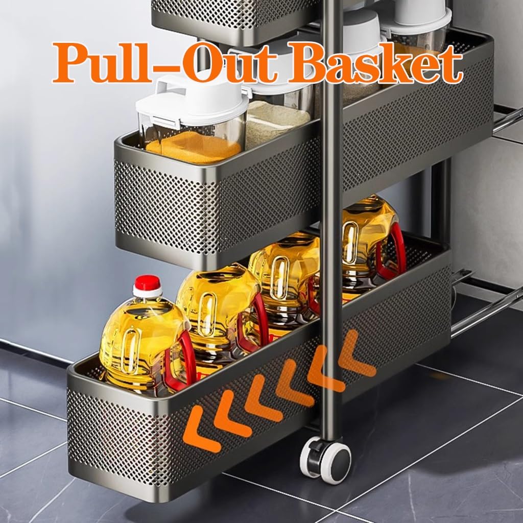 Carrello portaoggetti in Metallo a 5 Ripiani, Carrello Sottile con Ruote, Contenitore Estraibile con cestelli in Rete per spazi ristretti, scaffalatura Stretta per Bagno (Nero, 15