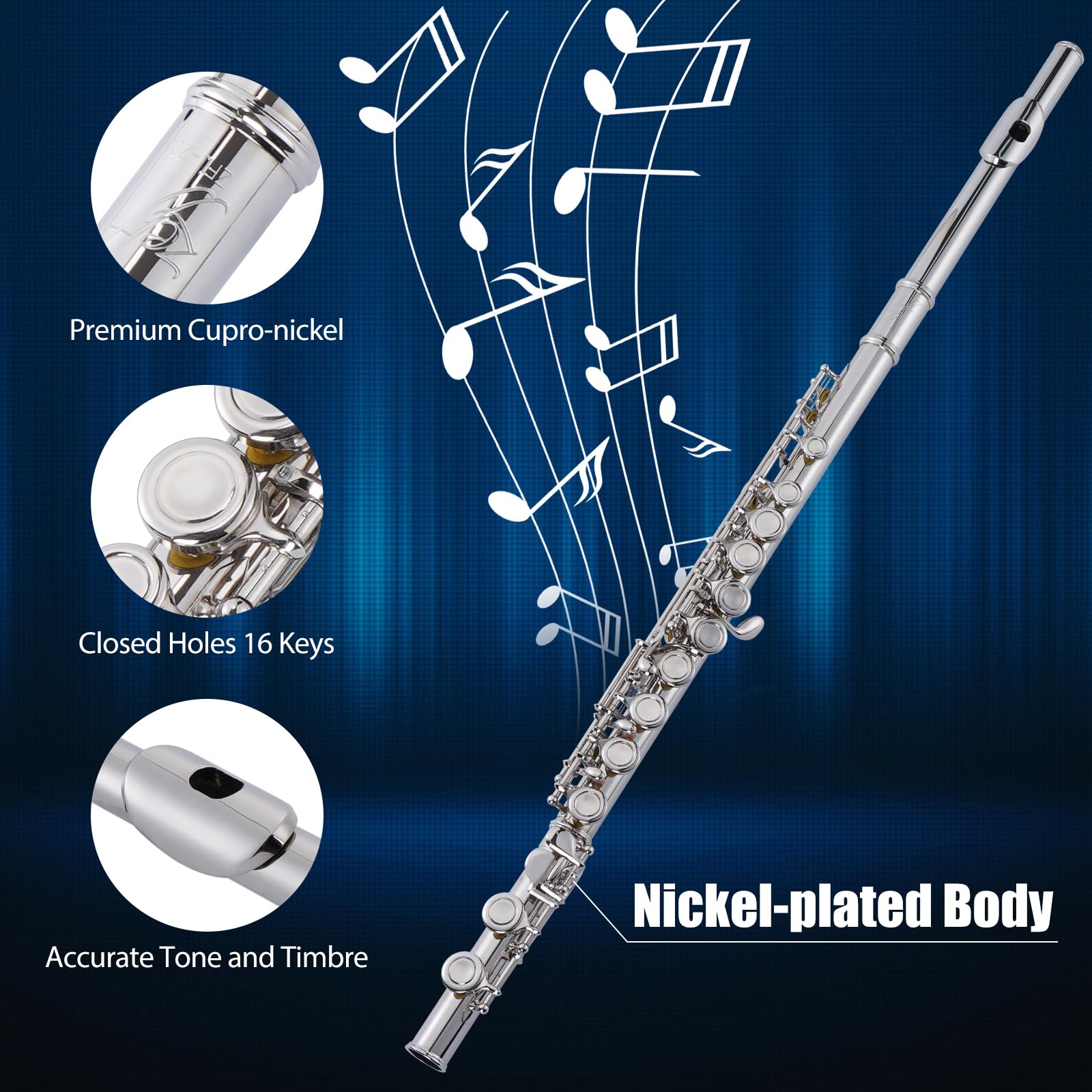 ZEFF Closed Hole C Flute, 16 Keys Instrument for Beginners, Kids, Student, Nickel-plated Flute with Case,Stand, Cleaning Kit, Gloves and Tuning Rod
