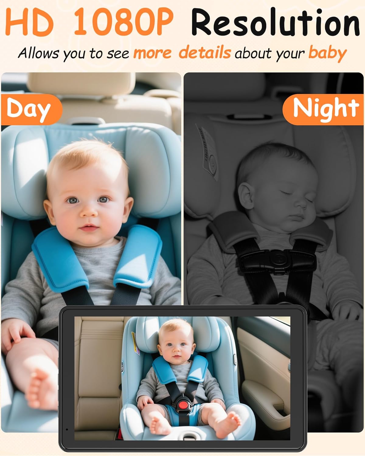 Rohent Baby Car Camera 7.2-Inch Monitor: 1080P HD Rear Facing Infant Backseat Camera with Night Vision 360° Rotation Wide Angle USB Plug & Play Anti-Glare Screen for Safe Driving F25