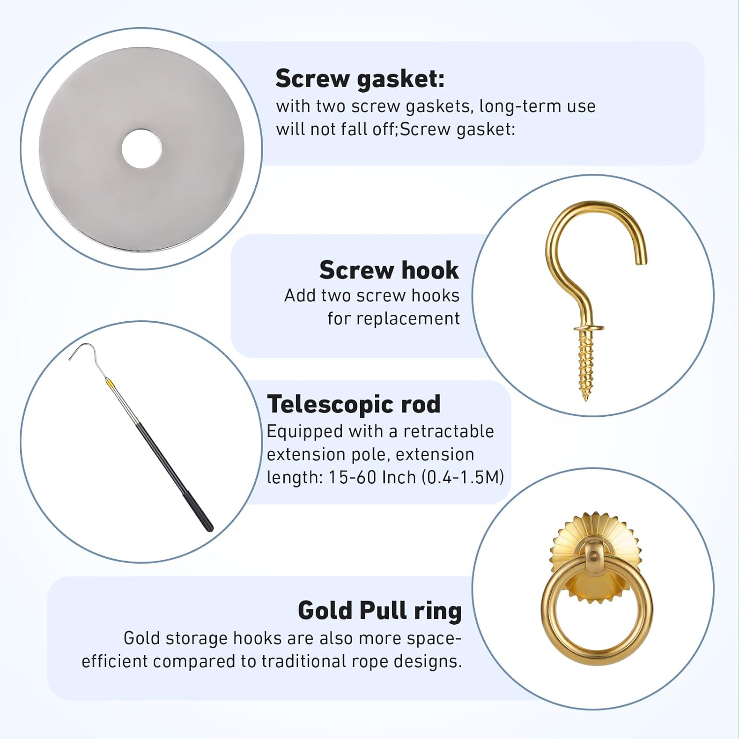 Attic Ladder Pull System Kit - Attic Pull Down System Hook Set Replacement for Cord Ropes with 60 Inch Extension Pole and Copper Storage Hook Handle Parts Tool