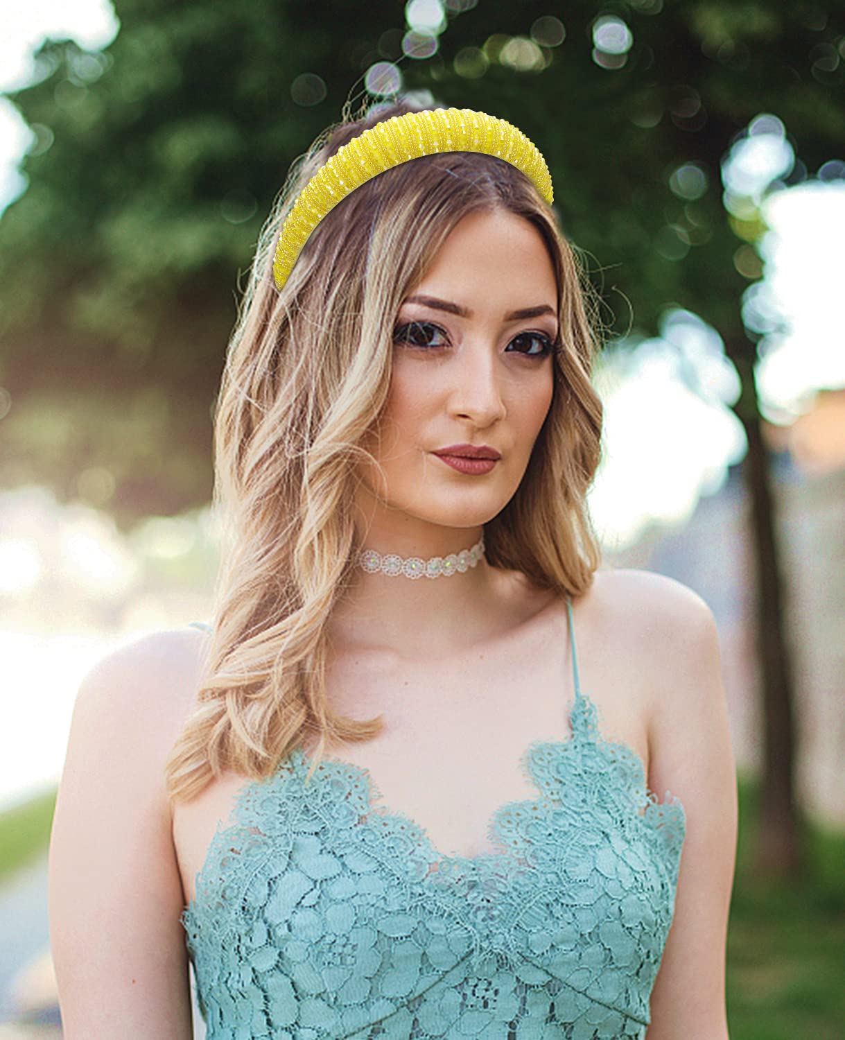 Yellow Pearl Rhinestone Knot Headband Hair Bling Crystal Jeweled Statement Tweed Treasure Yellow Knot Headband main image 2