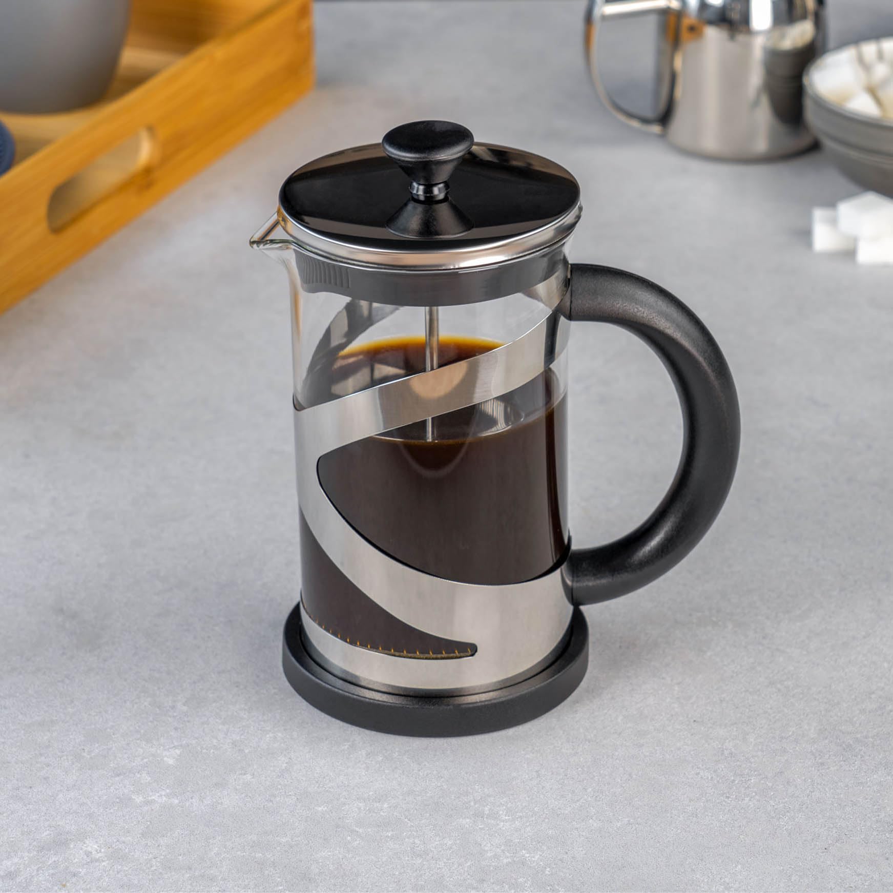 Café Olé Classico Caffettiera Cromata, 800 ml / 3 tazze / 6 tazzine da caffè, caffettiera francese, filtro in acciaio inossidabile, corpo in vetro, finitura cromata