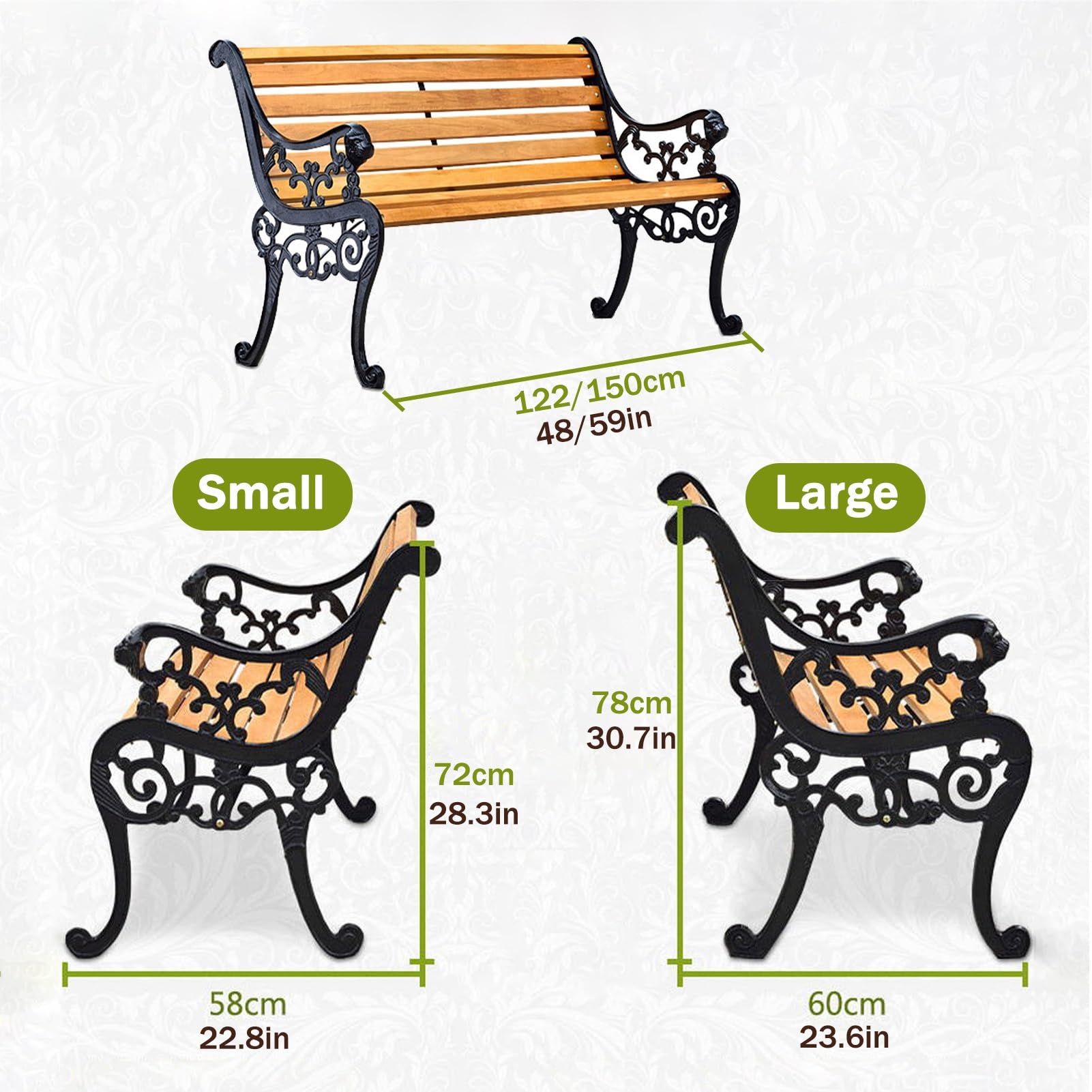 Exterior Banco de Jardín de Madera Y Hierro Fundido | Parque Banco for 2-3 Personas, Asiento de Láminas con Respaldo y Reposabrazos, Banco de Porche(Natural B,47.2x22.8x28.3'')