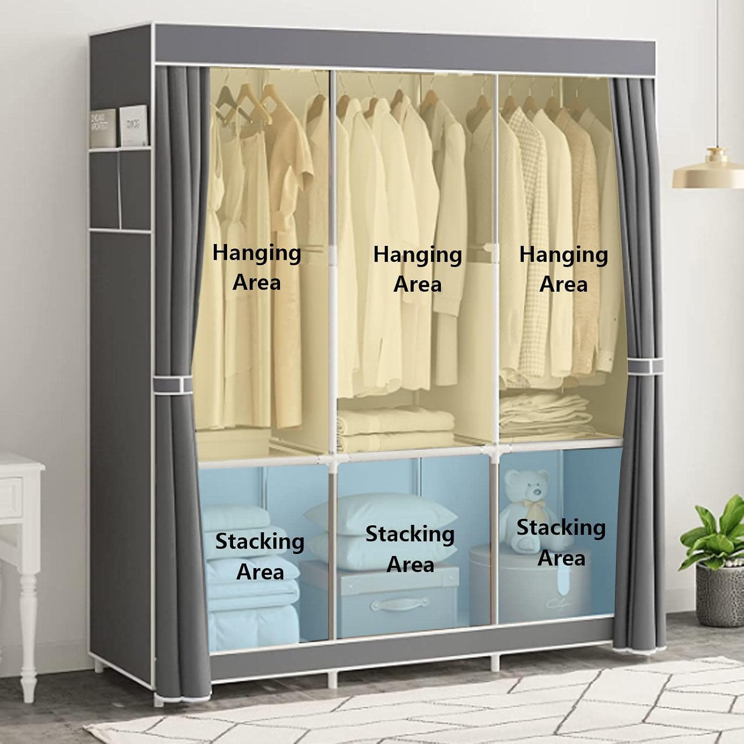 Portable Canvas Wardrobe, Fabric Clothes Closet Storage Organizer with Hanging Rail, Shelves, Side Pockets, Foldable Closet for Bedroom,Brown-125x45x170cm
