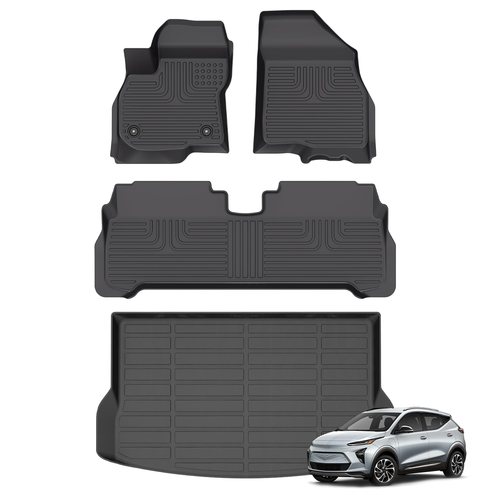Floor Mats & Cargo Liner for Chevy Chevrolet Bolt EUV 2022 2023 2024 All Weather Automotive TPE Liners Set Anti-Slip Waterproof Floor Liners Accessories (Car Mats+Trunk Mat) Black
