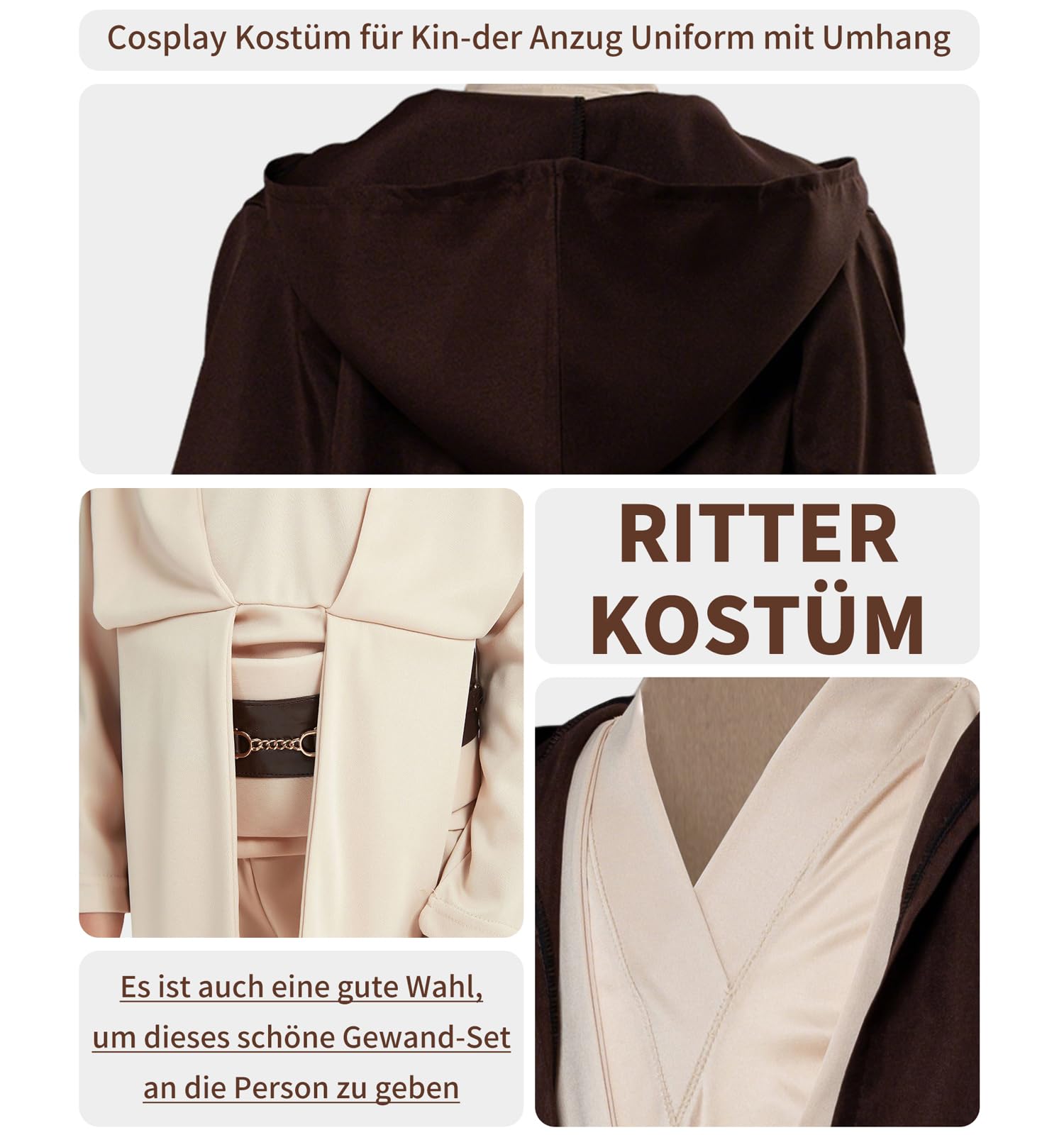 Kinder Mittelalter Ritter Kostüm Cosplay Uniform für Halloween Karneval | Schwarzes Komplett-Set bestehend aus Tunika, Hose, Gürtel und Kapuzenumhang für Kinder