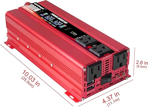 Miniatura 7 de Cantonape 1000W2000W (pico) Inversor de corriente de coche DC 12V a 110V AC con pantalla LCD, 4 salidas de CA y cargador de coche USB dual para