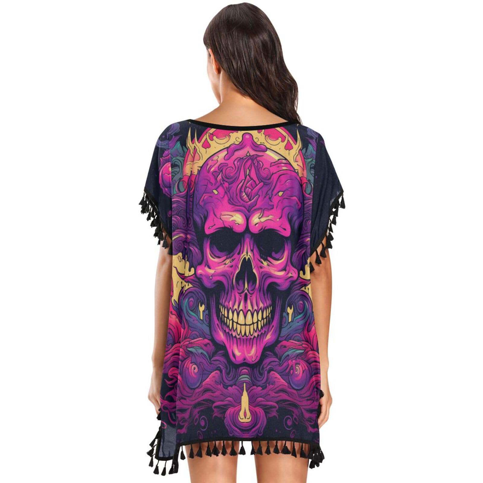 Cool Abstract Art Skull Women's Beach Cover Up Chiffon Tassel Swimwear Swimsuit Coverups for Girl
