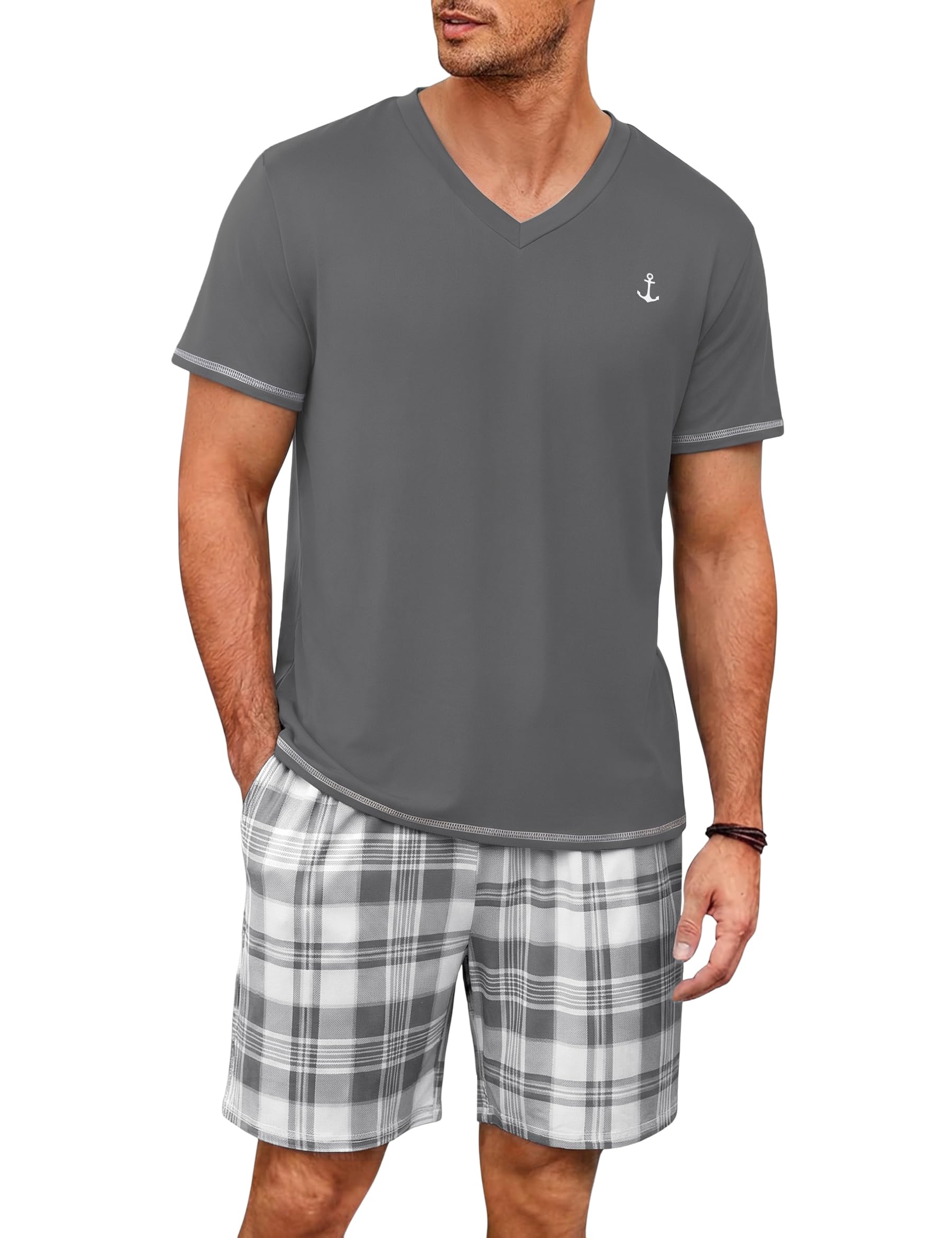 Marvmys Schlafanzug Herren Kurz Baumwolle Sommer Zweiteilige Pyjama Set | V-Ausschnitt, Atmungsaktiv, Bequem, mit Tasche