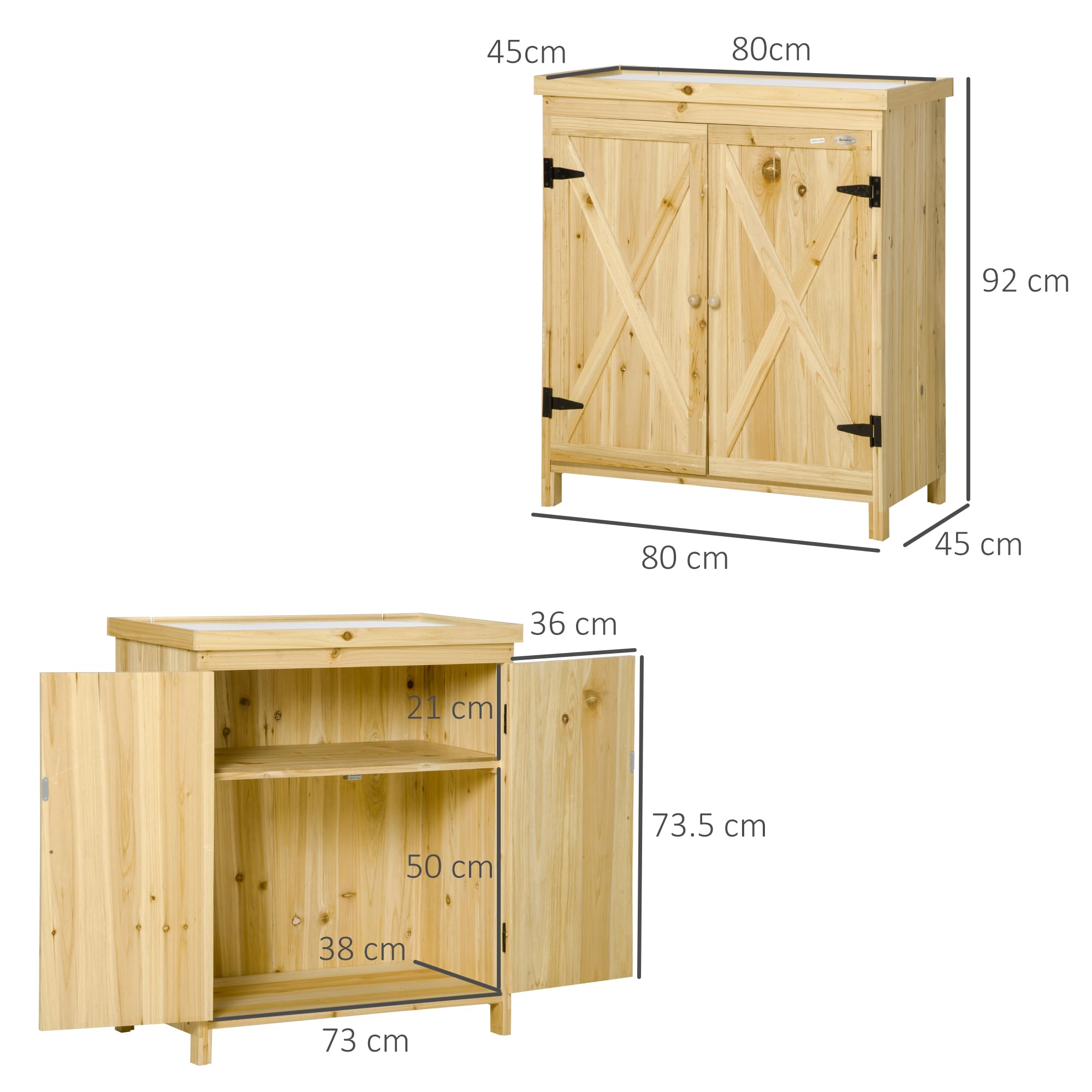 Outsunny Armoire de Jardin, Armoire de Rangement de Jardin, avec Plateau en métal galvanisé étagère Double Porte avec poignée Pieds surélevés en Bois Massif 80 x 45 x 92 cm Bois Naturel