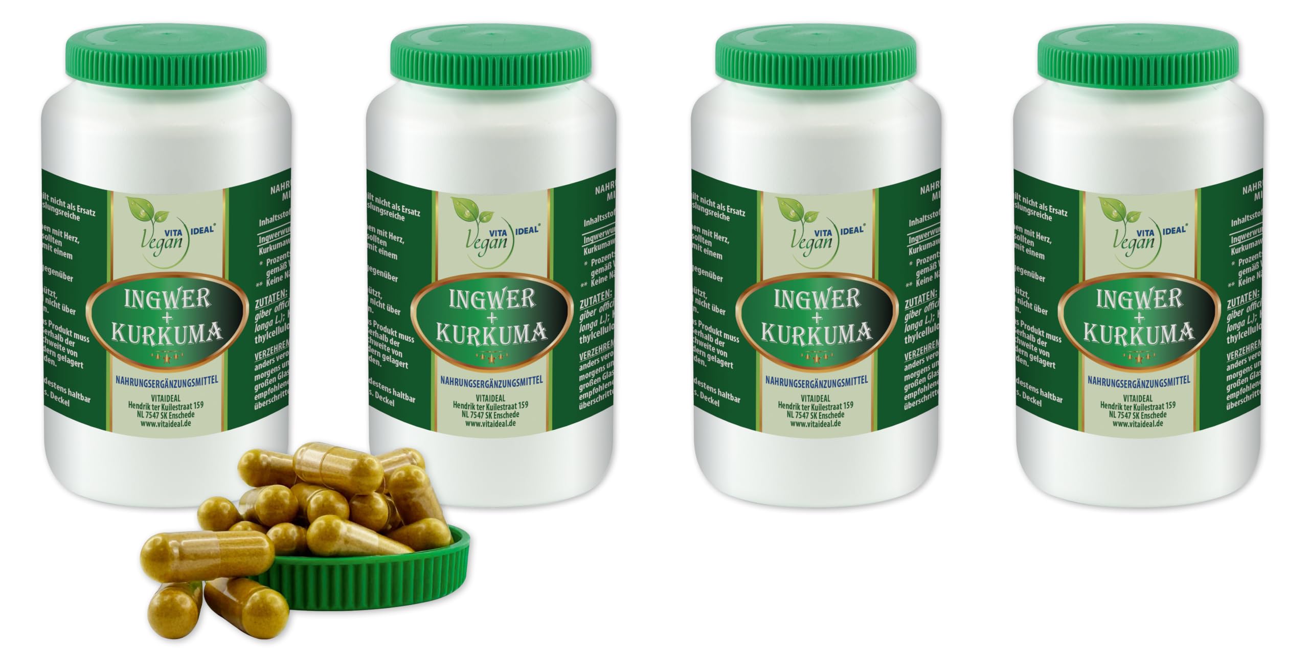 VITA IDEAL Vegan® INGWER + KURKUMA - Wurzel 4x 360 KAPSELN - Zingiber officinale Curcuma longa L - Tagesportion 980mg, Ingwer + Kurkuma Wurzel reines Pulver. Natürlich, pflanzlich & ohne Zusatzstoffe.