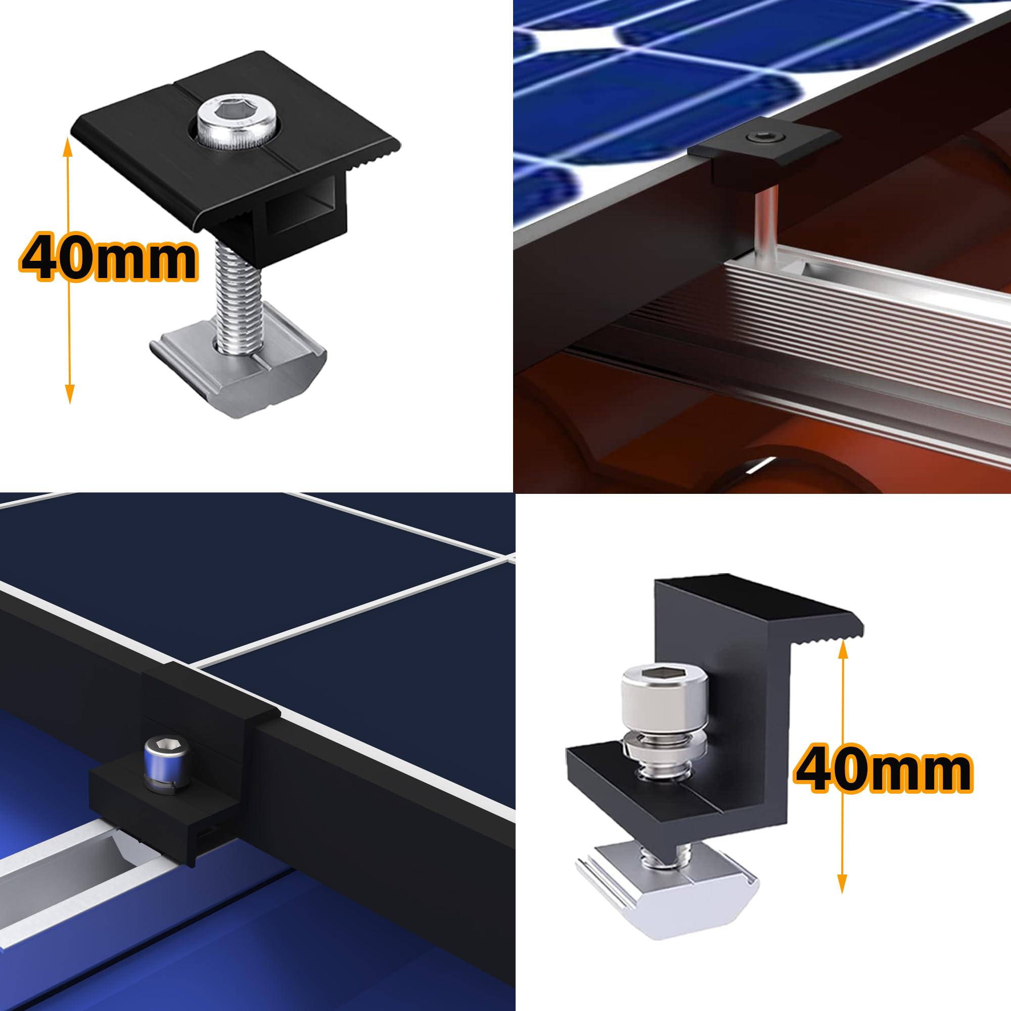 Warmfay Juego de soporte para módulo solar, riel de montaje fotovoltaico de aluminio, 1150 mm, abrazadera negra para módulos de 40 mm de grosor, ganchos para techo, módulo solar de tejas, juego de