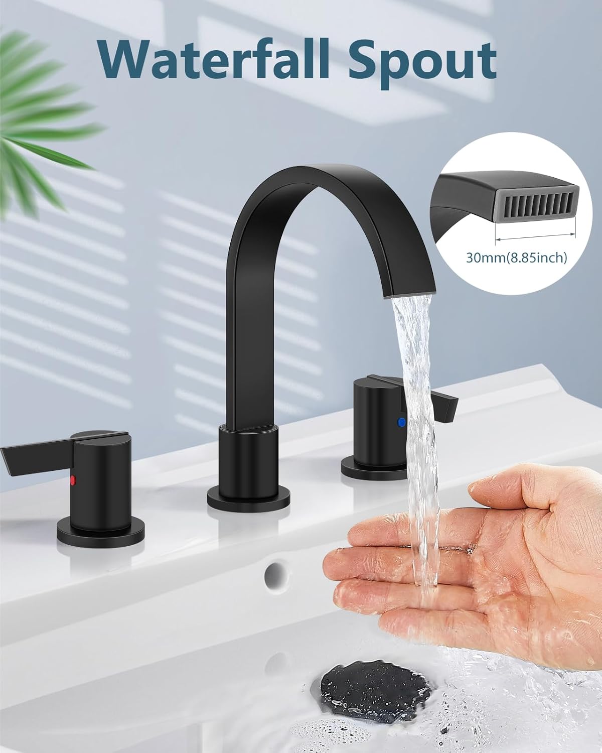 Aolemi Bathroom Faucets 3 Hole,8 Inch Widespread Waterfall Bathroom Sink Faucet,2 Handles Vanity Faucet with Pop-up Drain and Supply Hose,Matte Black