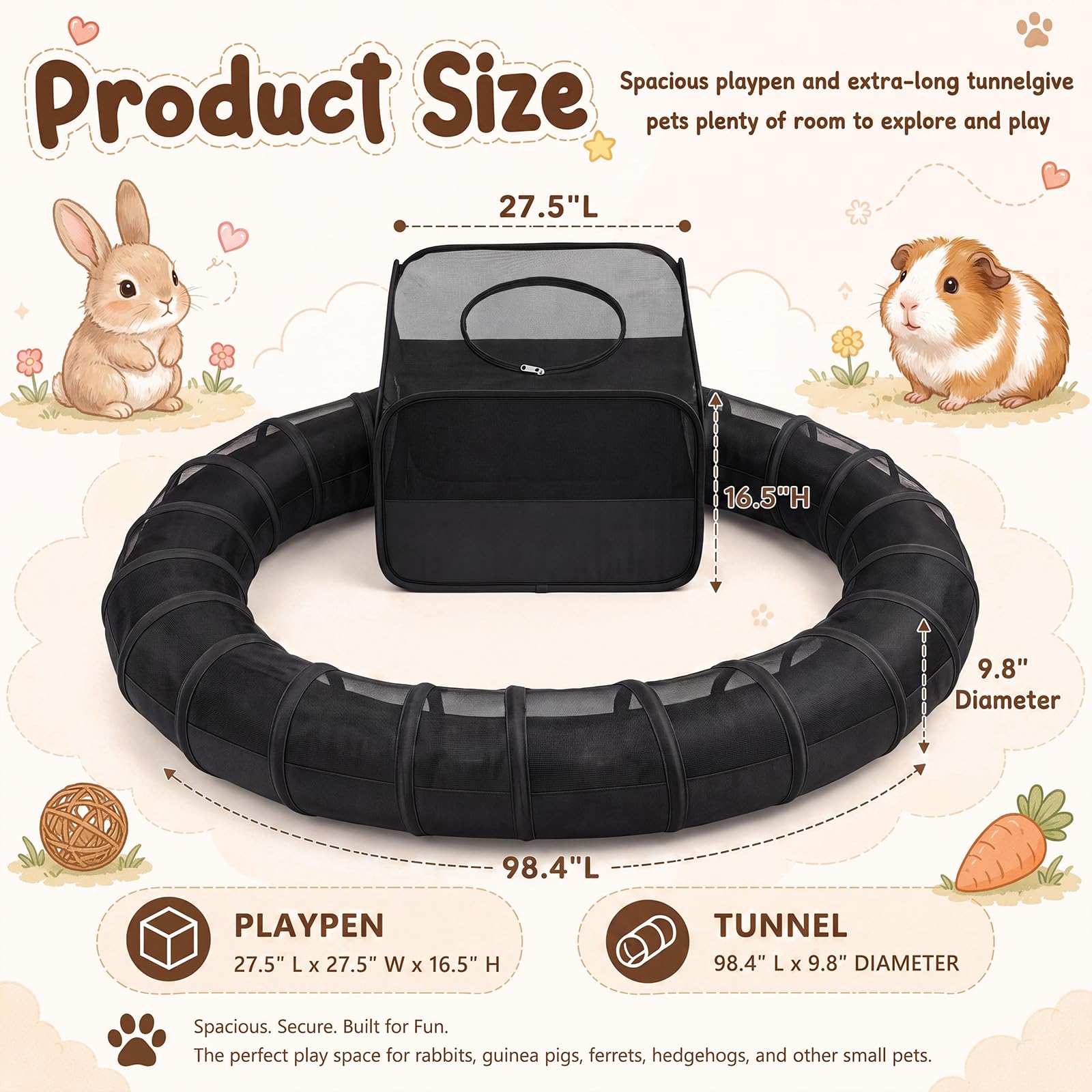 Lewtemi Meerschweinchen-Laufstall mit Tunnel, 60 x 70 x 41 cm, atmungsaktives Netz, Kaninchenlaufstall für Kaninchen, Hamster, Frettchen, Chinchilla, faltbares Kleintiergehege für drinnen und draußen