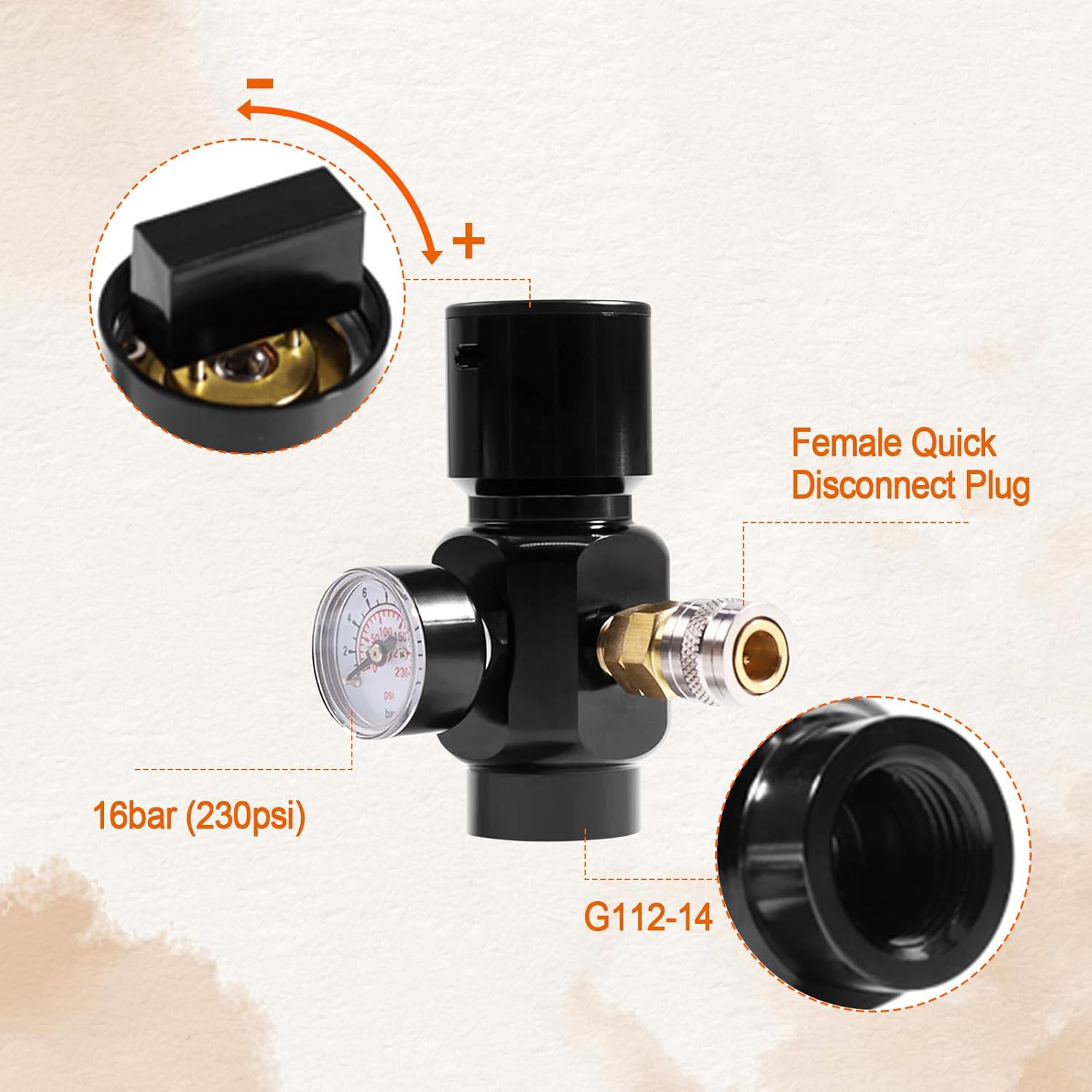 HPA Regulator, Paint Ball CO2 Regulator, Black, Copper + Aluminum, Globe Valve, Paintball Regulator, Regulator