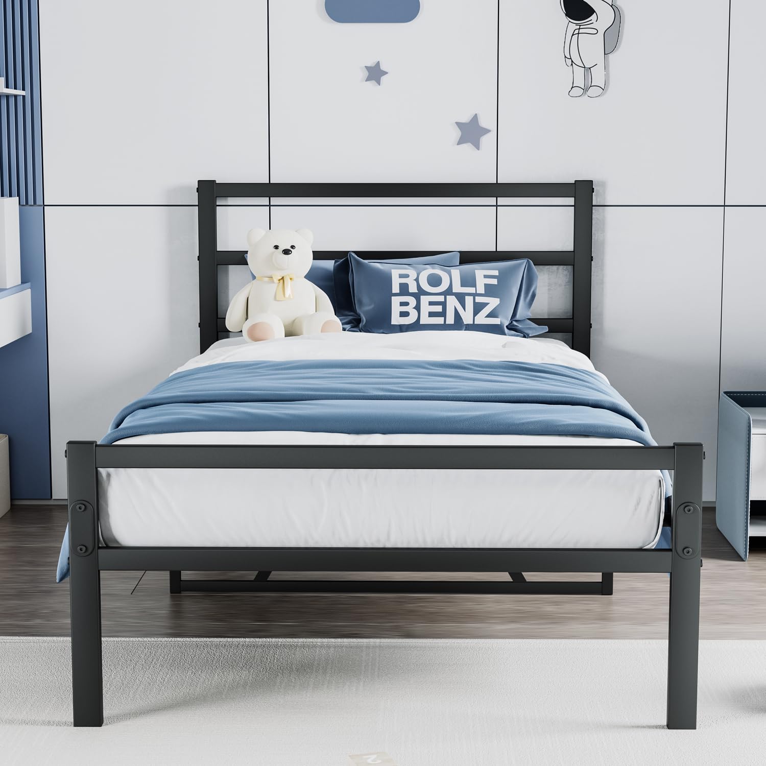 Twin Size Metal Bed Frame with Headboard Black Metal Platform Bed Heavy-Duty Metal Slat Support No Box Spring