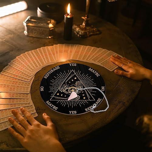 Miniatura 4 de AHANDMAKER Juego de tablero de péndulo, tablero de adivinación de madera para radiestesia, tablero de mensajes metafísicos con collar de péndulo de